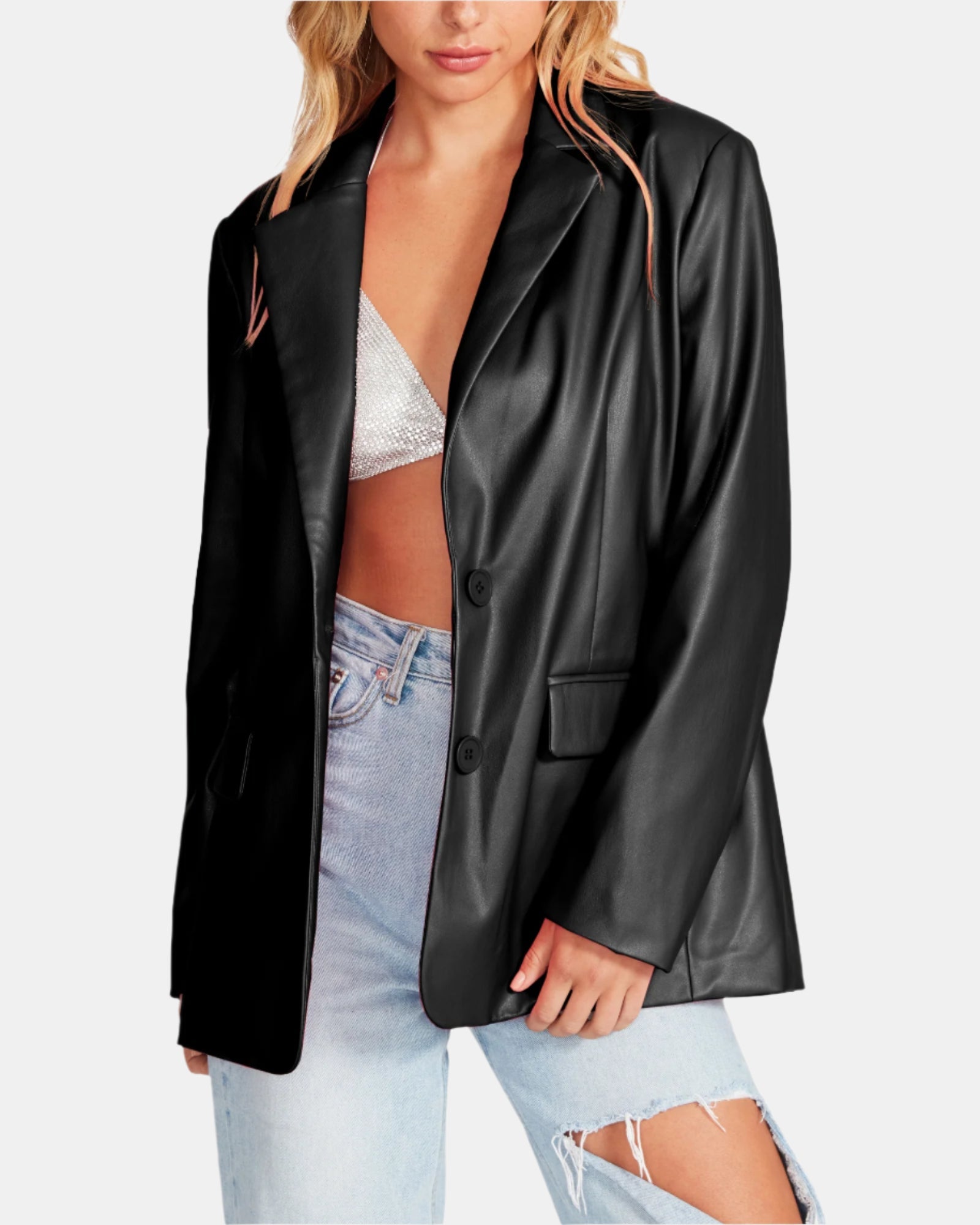 VEGAN LEATHER BOYFRIEND BLAZER BLACK - Clothing - Steve Madden Canada