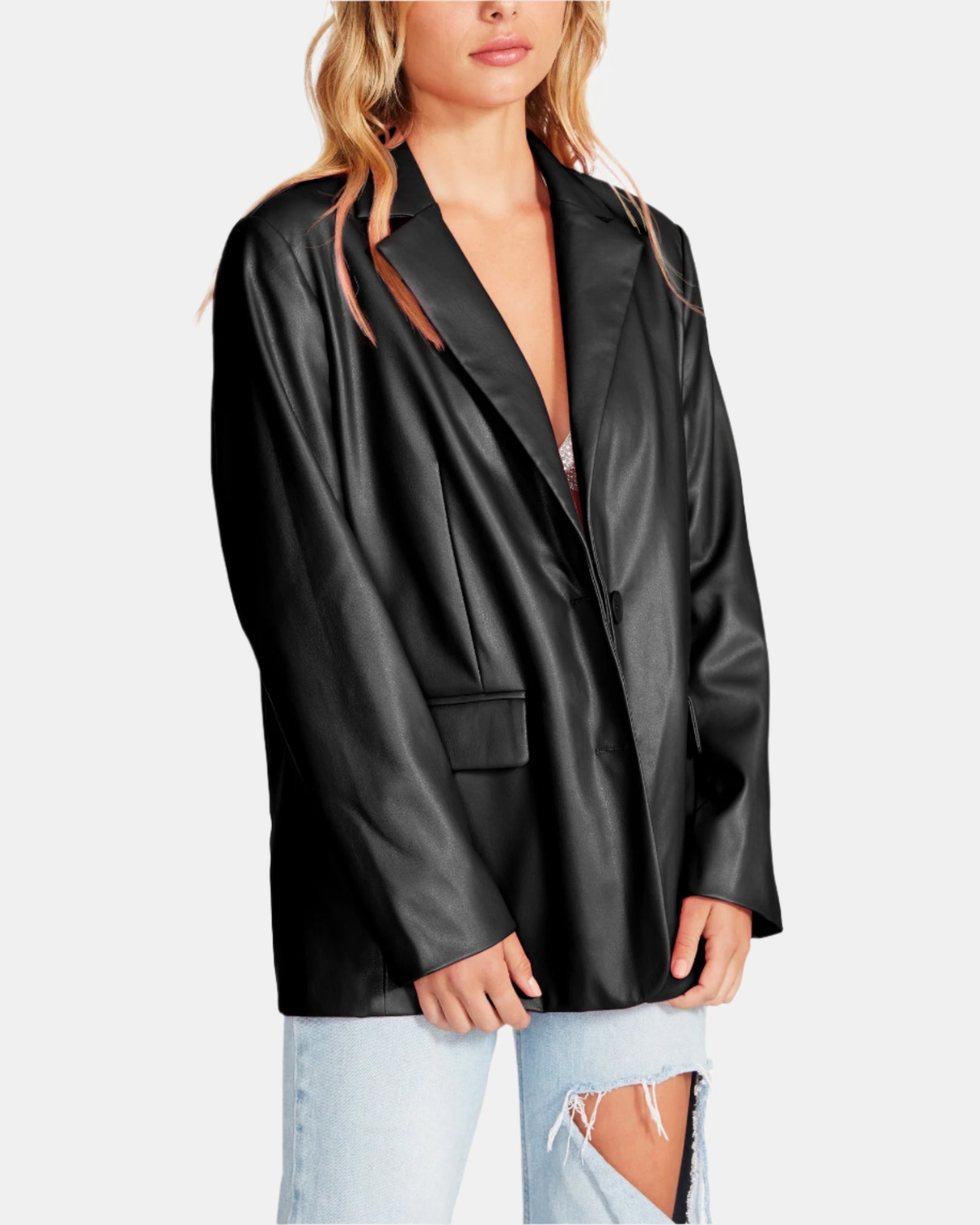 VEGAN LEATHER BOYFRIEND BLAZER BLACK - Clothing - Steve Madden Canada