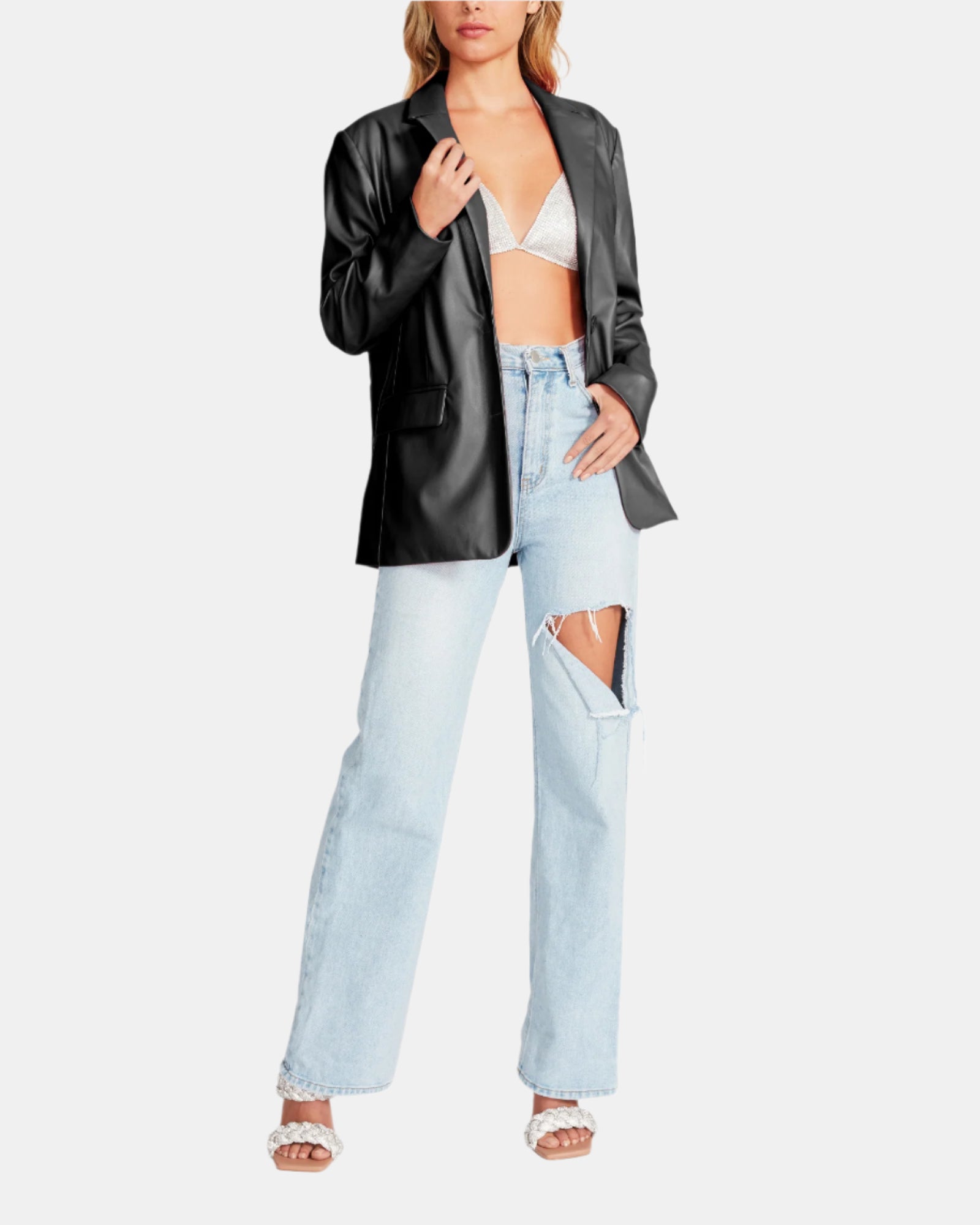VEGAN LEATHER BOYFRIEND BLAZER BLACK - Clothing - Steve Madden Canada