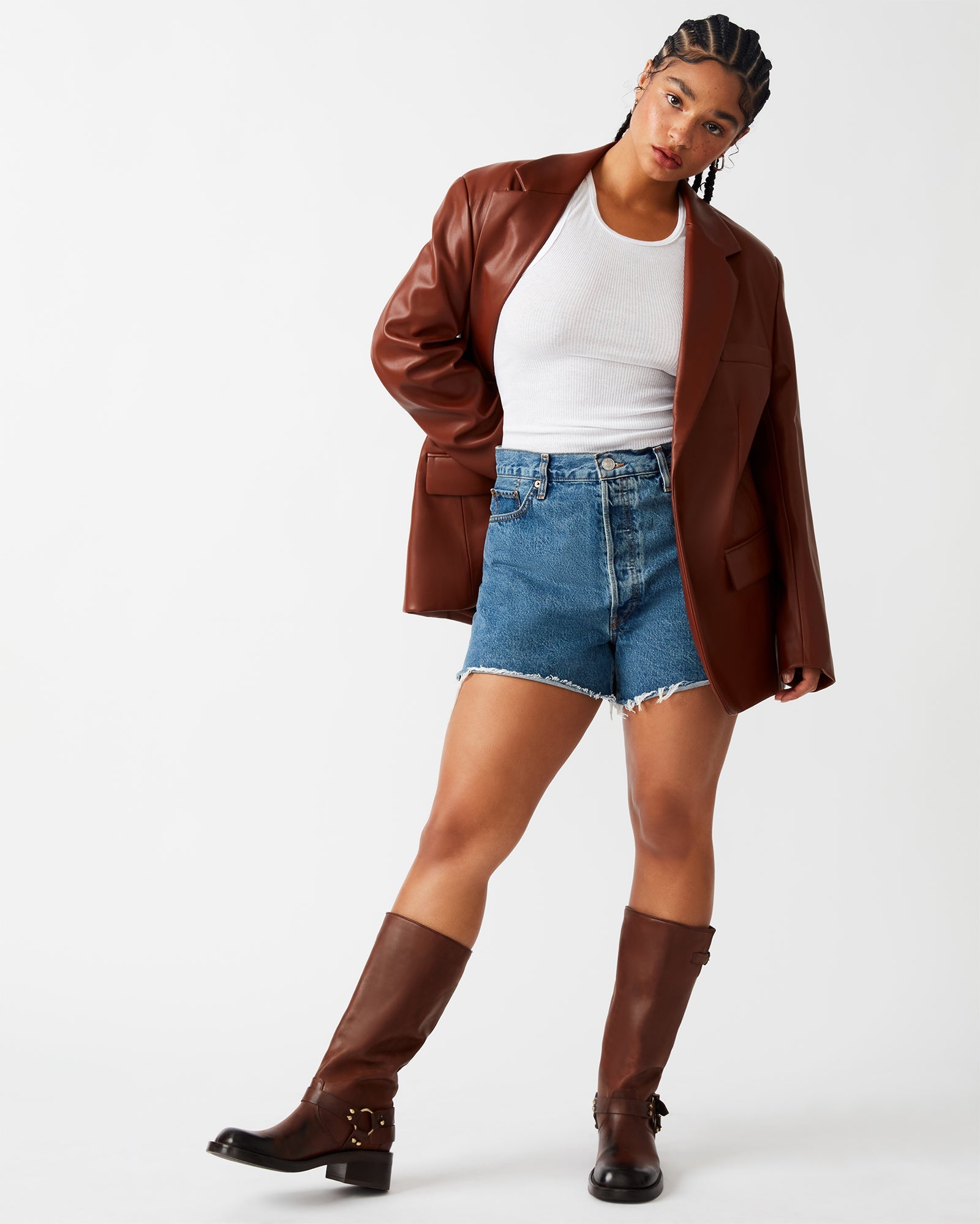 IMAAN FAUX LEATHER BLAZER TAN - Clothing - Steve Madden Canada