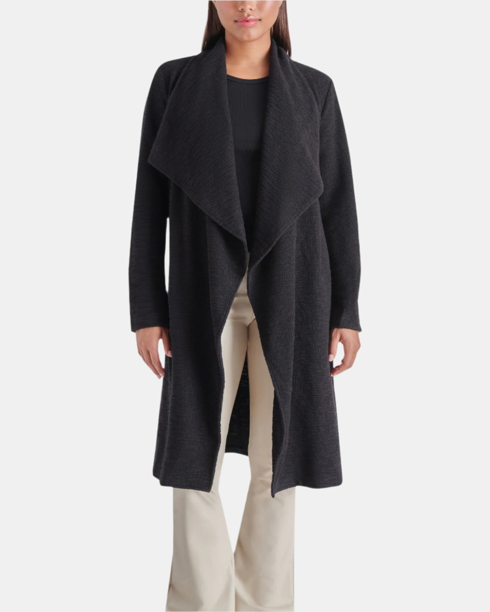 DRAPE FRONT SLUB KNIT JACKET BLACK - Clothing - Steve Madden Canada