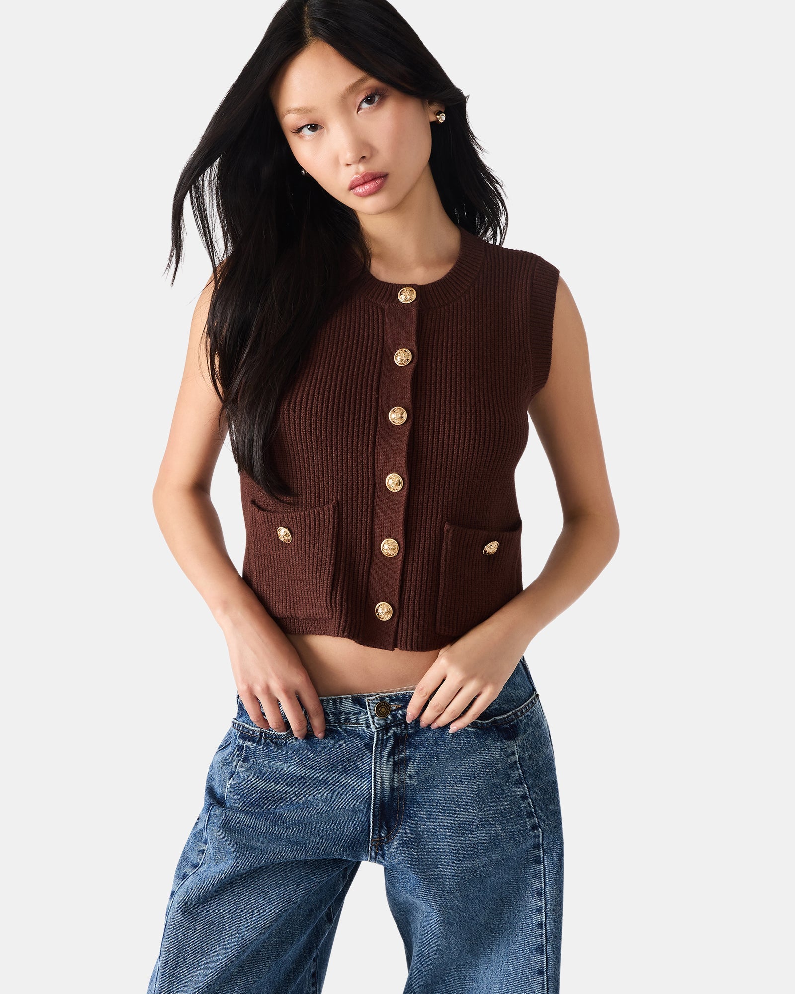 ALIYA SWEATER VEST BROWN - Clothing - Steve Madden Canada