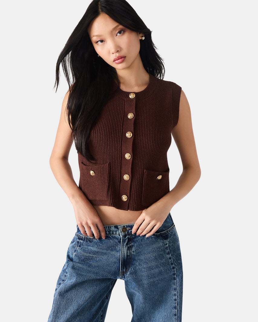 ALIYA SWEATER VEST BROWN - Clothing - Steve Madden Canada
