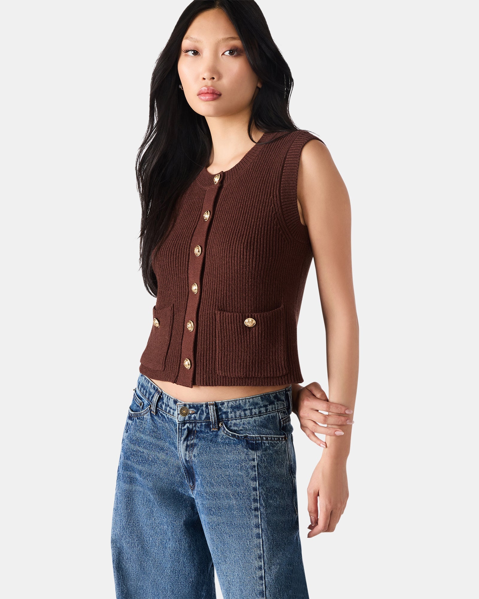 ALIYA SWEATER VEST BROWN - Clothing - Steve Madden Canada