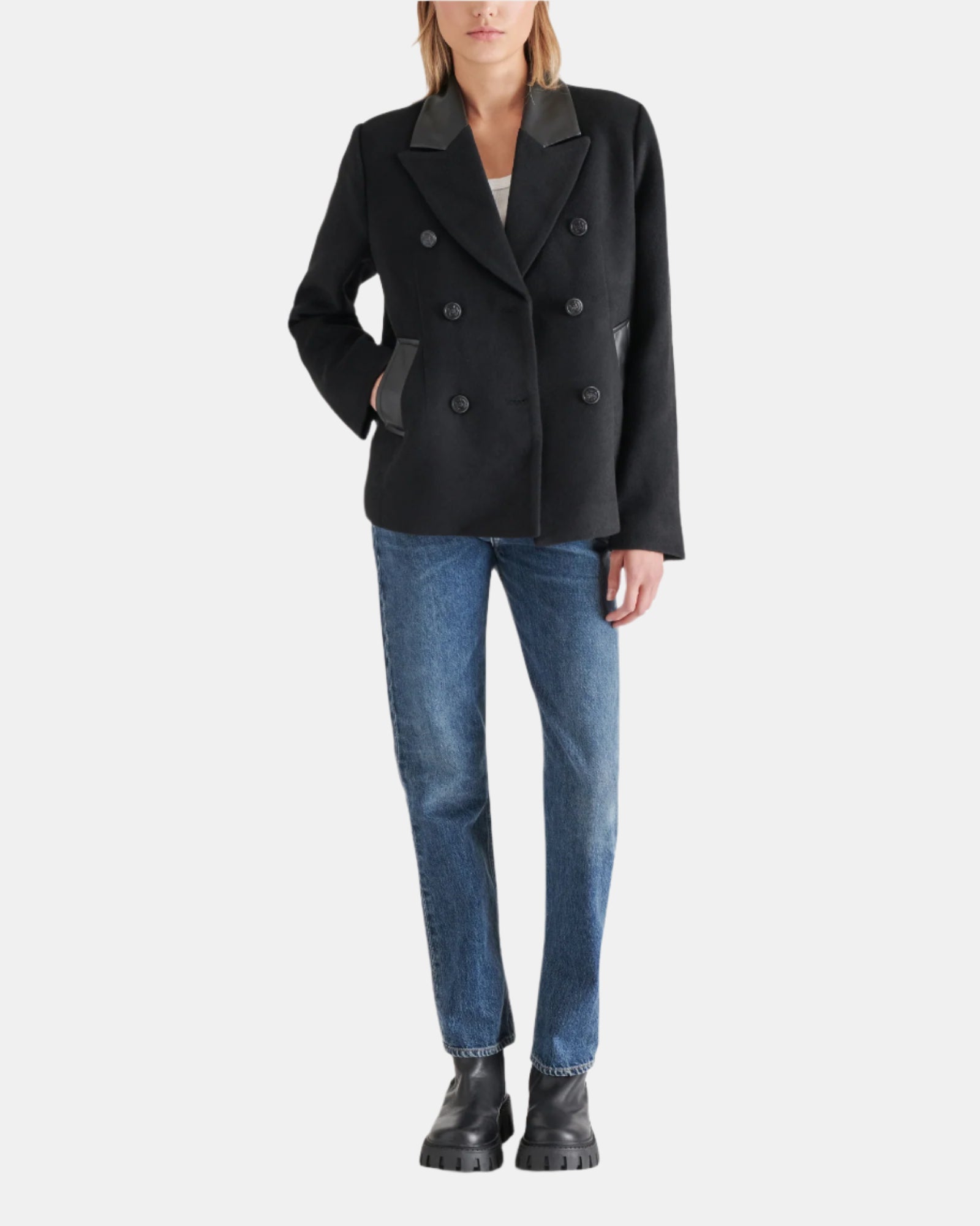 DOUBLE BREASTED PEACOAT BLACK - Clothing - Steve Madden Canada