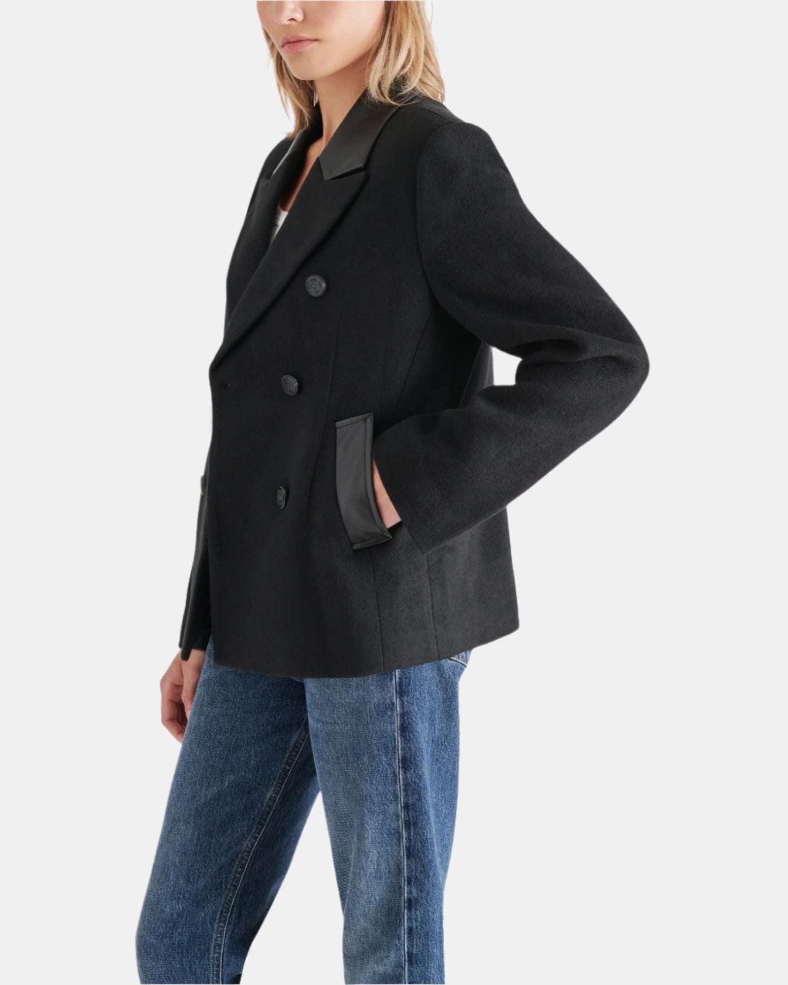 DOUBLE BREASTED PEACOAT BLACK - Clothing - Steve Madden Canada