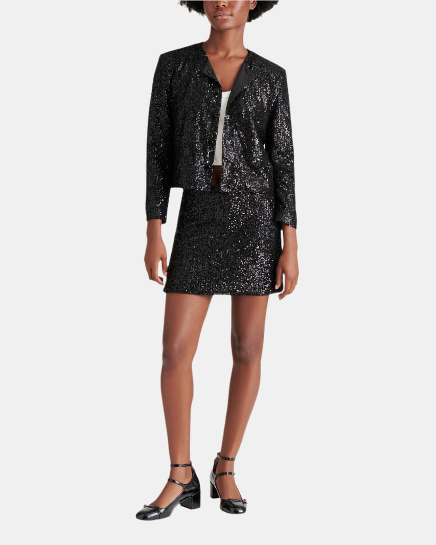 CROPPED SEQUIN JACKET BLACK - Clothing - Steve Madden Canada