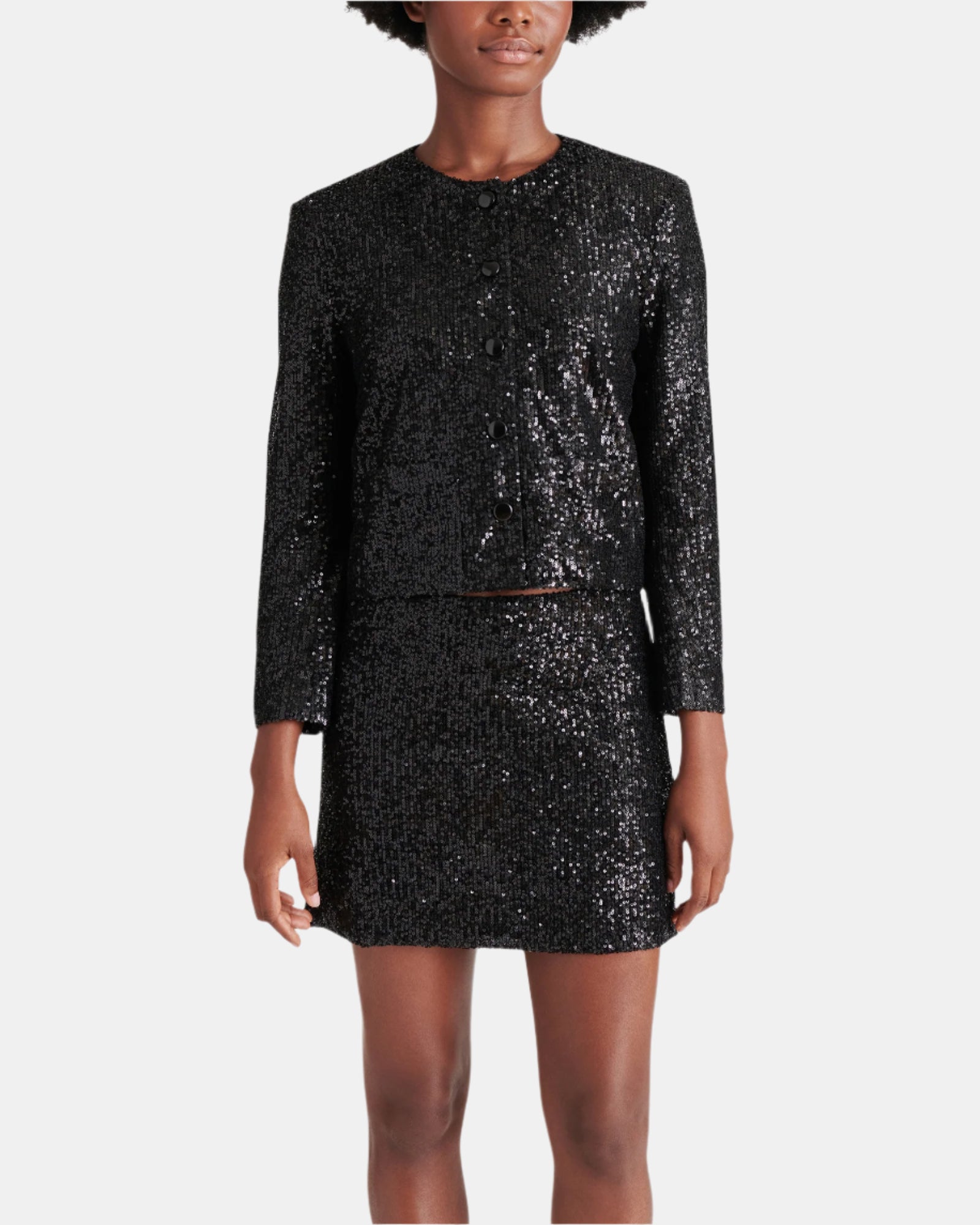 CROPPED SEQUIN JACKET BLACK - Clothing - Steve Madden Canada