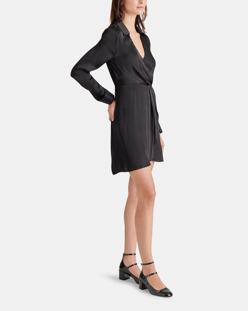 WASHED SATIN FAUX WRAP DRESS BLACK - Clothing - Steve Madden Canada
