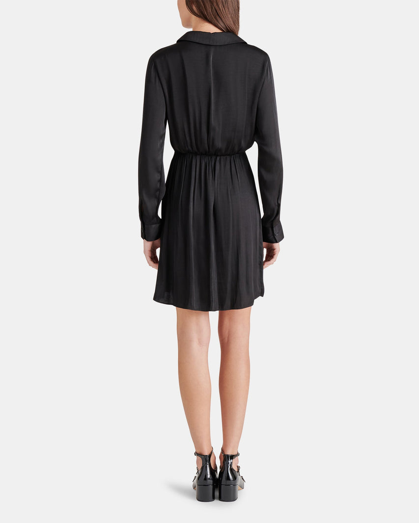 WASHED SATIN FAUX WRAP DRESS BLACK - Clothing - Steve Madden Canada